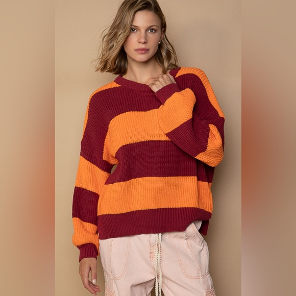 #093 POL So Comfy Burgundy Orange Striped Sweater - Picture 1 of 5